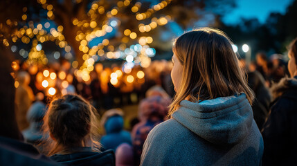 Diverse crowd assembles at luminous yuletide vigil faceless participants defocused christmas background casting shadows introspection solstice glow gathering spiritual