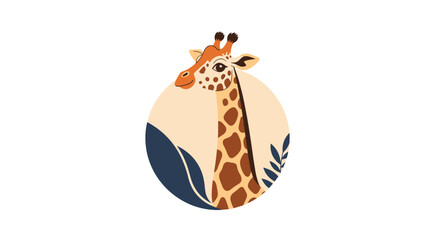 Obraz premium Elegant and modern illustration of a giraffe's head and long neck inside a circle with decorative leaves creating a stylish logo.