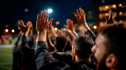 Students enthusiastically supporting collegiate team during exciting athletic occasion faceless crowd defocused stadium night background sports event gathering competition