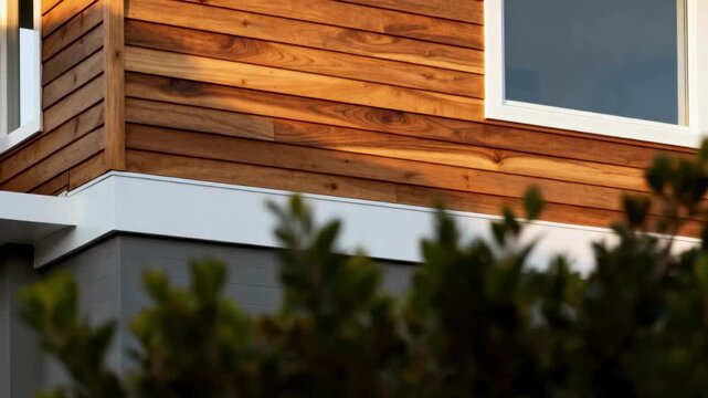 Medium shot of ecoconscious wood siding installation highlighting natural grain and warm tones on a modern home exterior.