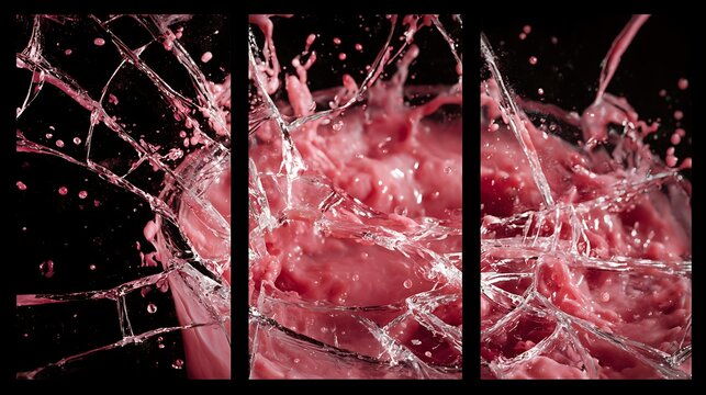 Dynamic abstract triptych capturing the vigorous splash and flow of a vibrant pink liquid against a dark background