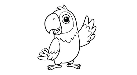 Black and white line art drawing of a friendly cartoon parrot waving its wing for a children's coloring book page.