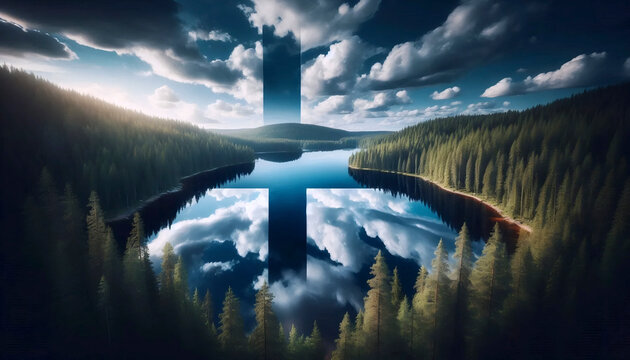 A Finnish flag in forest lake reflection, Ai generated image