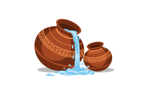 Two traditional decorated brown clay pots with fresh clean water pouring out from the larger vessel onto the ground.