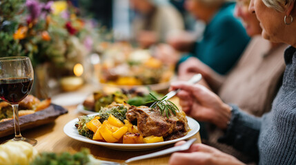 Celebratory meal and individuals in residence faceless family group defocused dinner background yuletide food celebration thanksgiving feast gathering evening holiday