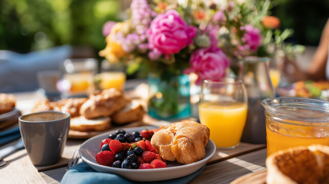 Outdoor morning meal picnic arrangement defocused nature background breakfast gathering scene alfresco dining display fresh air meal setting recreational eating moment with