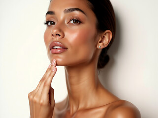 Natural beauty close-up of one smiling brunette woman's clean face and eyes with fresh skin and lips