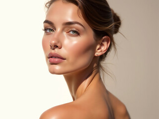 Close-up of one beautiful brunette model's face with bright eyes, natural skin care, and glamorous makeup and hairstyle in the studio