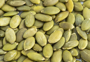 Pumpkin seeds close up top view