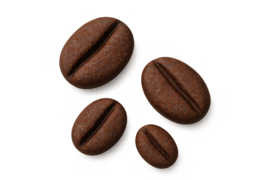 Roasted coffee beans scattered on transparent background, conveying energy, caffeine, and a fresh aroma for beverages and products