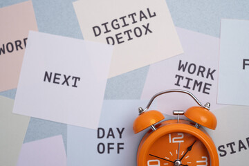 Time and task management. Alarm clock surrounded by goals, skills, and productivity keywords