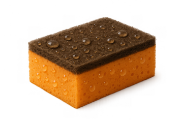 Sponge with abrasive scouring pad and water drops for dishwashing and cleaning, household hygiene supplies on transparent background