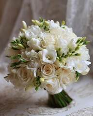 Elegant white and cream bridal bouquet with delicate ribbons and greenery