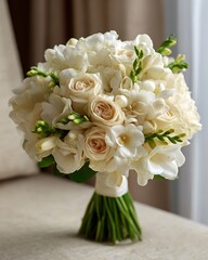 Elegant white and cream wedding bouquet with delicate greenery and ribbon