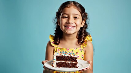 happy hispanic girl in yellow dress offers slice of chocolate birthday cake with sprinkles. celebration concept on blue background. greeting card with copyspace.