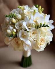 Elegant white and cream wedding bouquet with roses and freesia