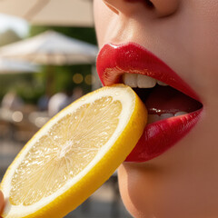 Vibrant Summer Citrus Moment with Red Lips and Lemon Slice