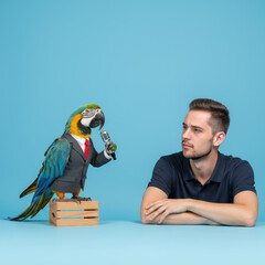 Business Parrot Interview Concept on Blue Background