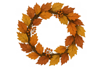 Autumn leaves wreath with colorful fall foliage and berries forming a festive circular border on transparent background