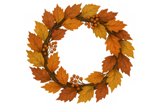 Autumn leaves wreath with colorful fall foliage and berries forming a festive circular border on transparent background - Powered by Adobe