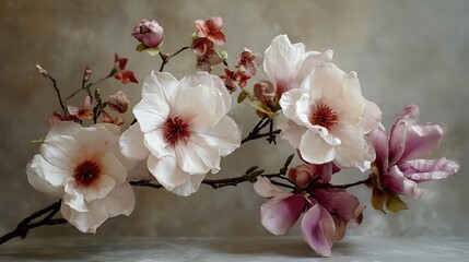 Delicate white and pink blossoms adorn a branch against a softly textured background