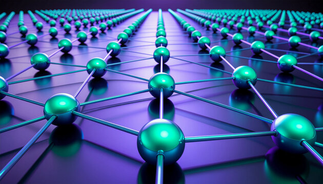 Stylized molecular lattice of teal spheres and rods forming a hexagonal graphene‑like pattern on a reflective purple‑blue gradient background, futuristic and scientific.