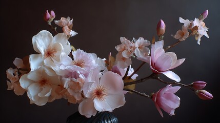 Delicate peach and white orchid blossoms with buds on a dark background