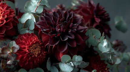 Deep crimson and burgundy dahlias with ethereal eucalyptus leaves in a moody arrangement