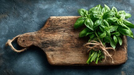 Fresh basil bouquet tied with twine on rustic wooden cutting board