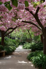 Fototapeta premium Tranquil garden pathway under cherry blossom trees