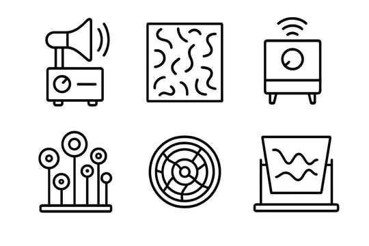 Experimental Sound Icons. Line style icons of experimental sound art forms: noise-generator sculpture, chaotic tone field, random