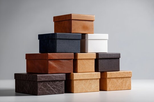 Stacked leather gift boxes in various colors and sizes against gray background