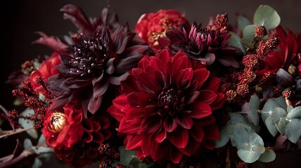 Rich dark red dahlia blooms with subtle golden accents and greenery