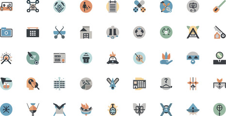 A diverse collection of flat design icons representing technology business education and creative concepts on a clean white background