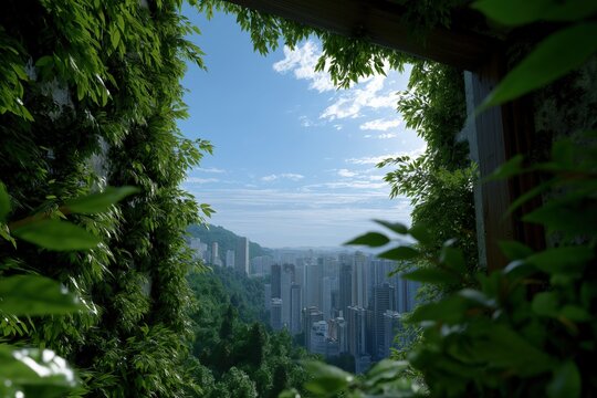 Lush forest transition to urban skyline under clear sky - Powered by Adobe