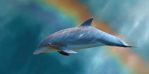 Obraz premium Graceful dolphin swimming near vibrant ocean rainbow