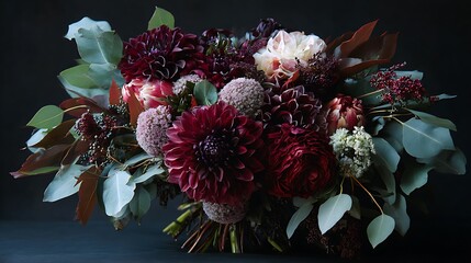 A richly colored autumnal bouquet featuring deep red dahlias and protea against a dark background