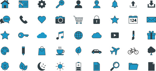 Collection of diverse blue and black flat design icons representing technology communication and common objects for digital interfaces and web design