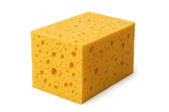 Yellow cleaning sponge showing porous texture for household washing and scrubbing, isolated with transparent background