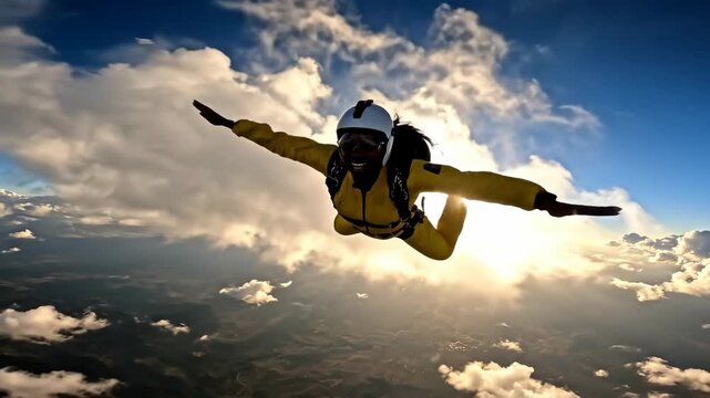 Fearless skydiver in yellow jumpsuit falling through blue sky with arms spread wide above white fluffy clouds during sunset enjoying extreme sport adrenaline and freedom of flight