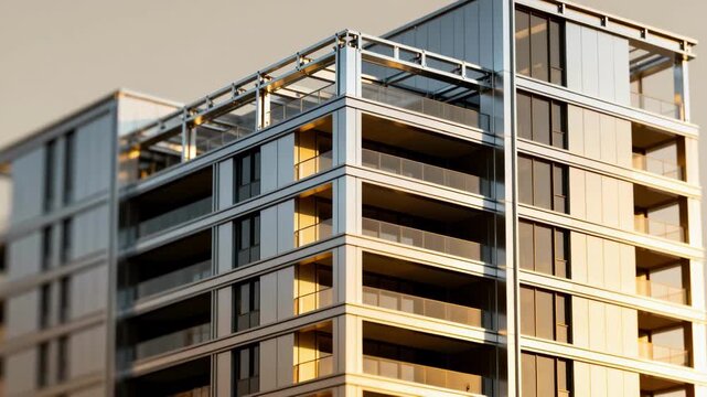 Medium shot capturing the lightweight aluminum frame assembly of a modern highrise highlighting ease of handling and innovative urban design.