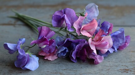 Delicate sweet pea blossoms in shades of purple and pink on a rustic wooden surface
