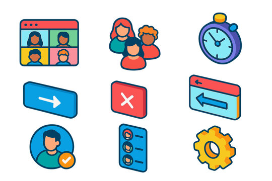 Virtual Meeting Icons. Isometric vector illustration set Virtual meetings &ndash; breakout room icon, group avatar, timer widget; join