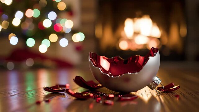 Shattered silver and red Christmas bauble lying on wooden floor with glowing fireplace and decorated tree lights in background symbolizing holiday stress sadness or broken festive dreams