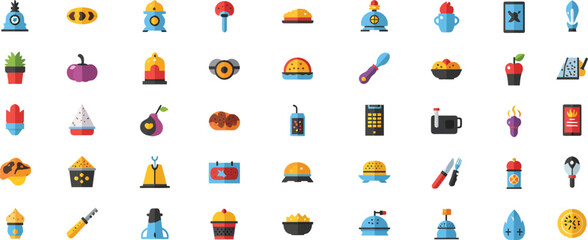 Collection of colorful cartoon icons representing various objects and items for digital design and illustration purposes