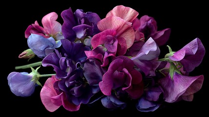 A vibrant bouquet of sweet pea flowers in shades of purple pink and blue against a dark background