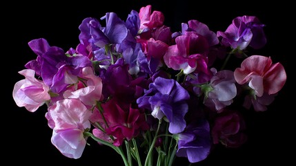 A vibrant bouquet of sweet pea flowers in shades of purple pink and blue against a dark background