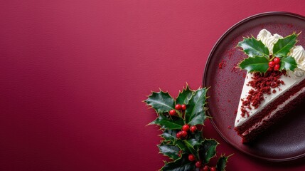 Christmas red velvet cake slice decorated with holly on red background
