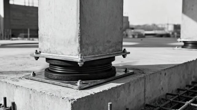 Medium shot capturing base isolators integrated into foundation systems emphasizing improved building stability during seismic activity.