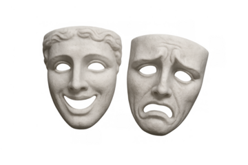 Comedy and tragedy masks representing theater arts, greek drama, acting, emotions, and human feelings on transparent background